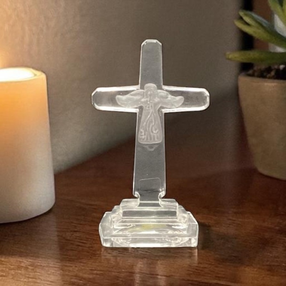Towle 24% Lead Crystal‎ Cross, Vintage Frosted Angel, Heavy Pedestal Glassware